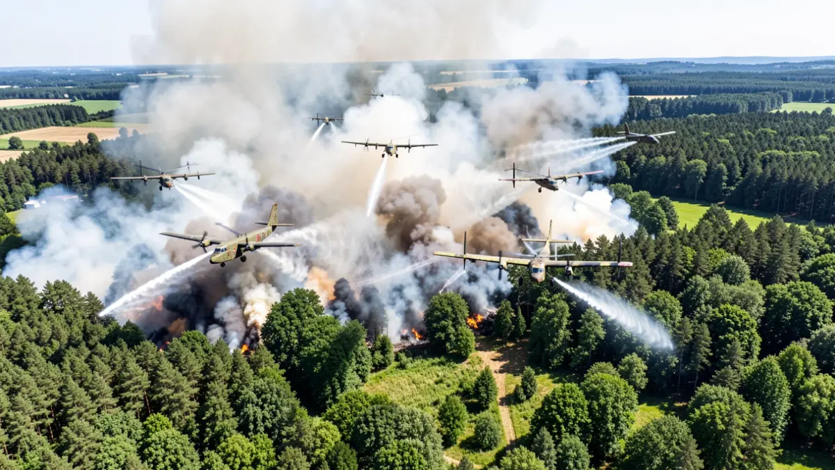 Simulación de extinción de incendios forestales con aviones anfibios y helicópteros en la Dehesa Boyal de Collado Villalba.