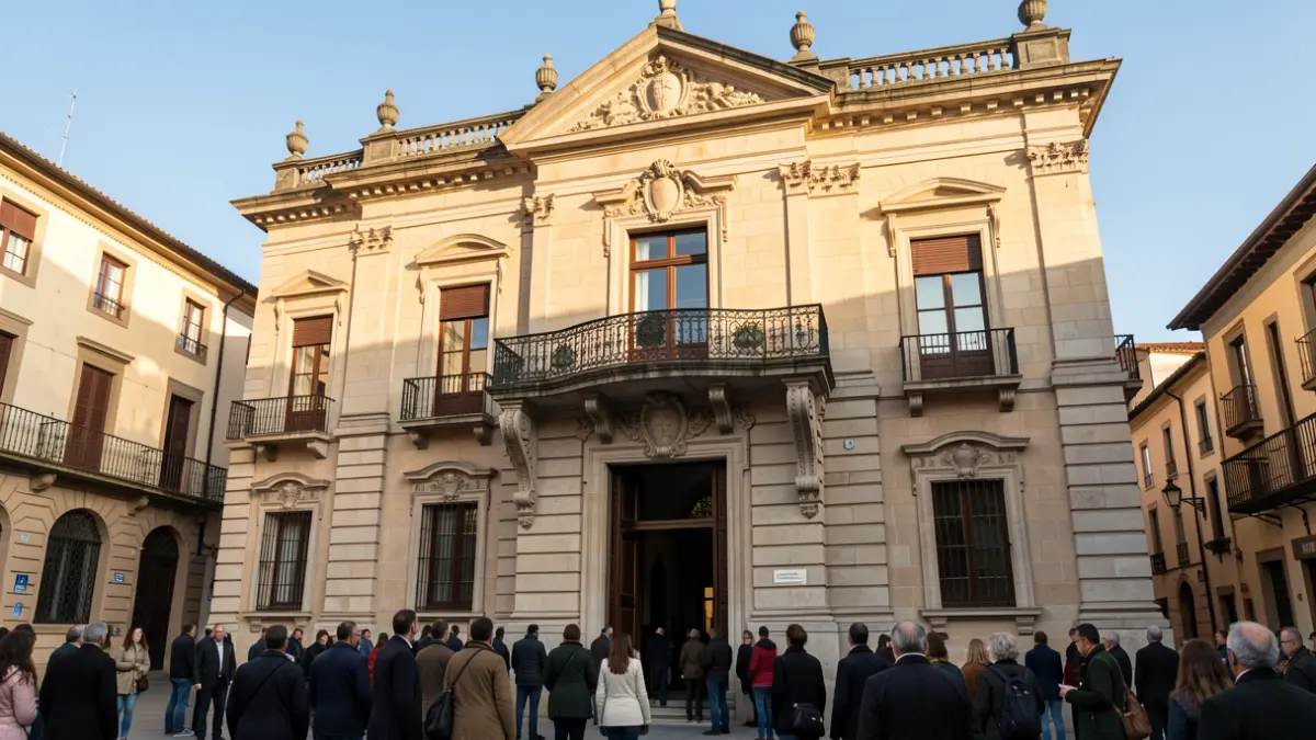 Facade of a town hall with classical architecture.