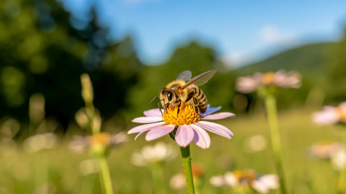 Primer plano de una abeja sobre una flor silvestre en un entorno natural.