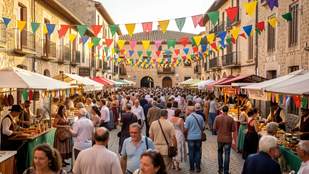 Imagen genérica de un festival de casas regionales con gente disfrutando de la música y la gastronomía.