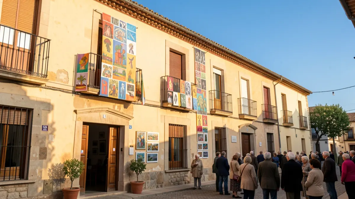 Facade of a municipal center for seniors in Collado Villalba with exhibition banners.