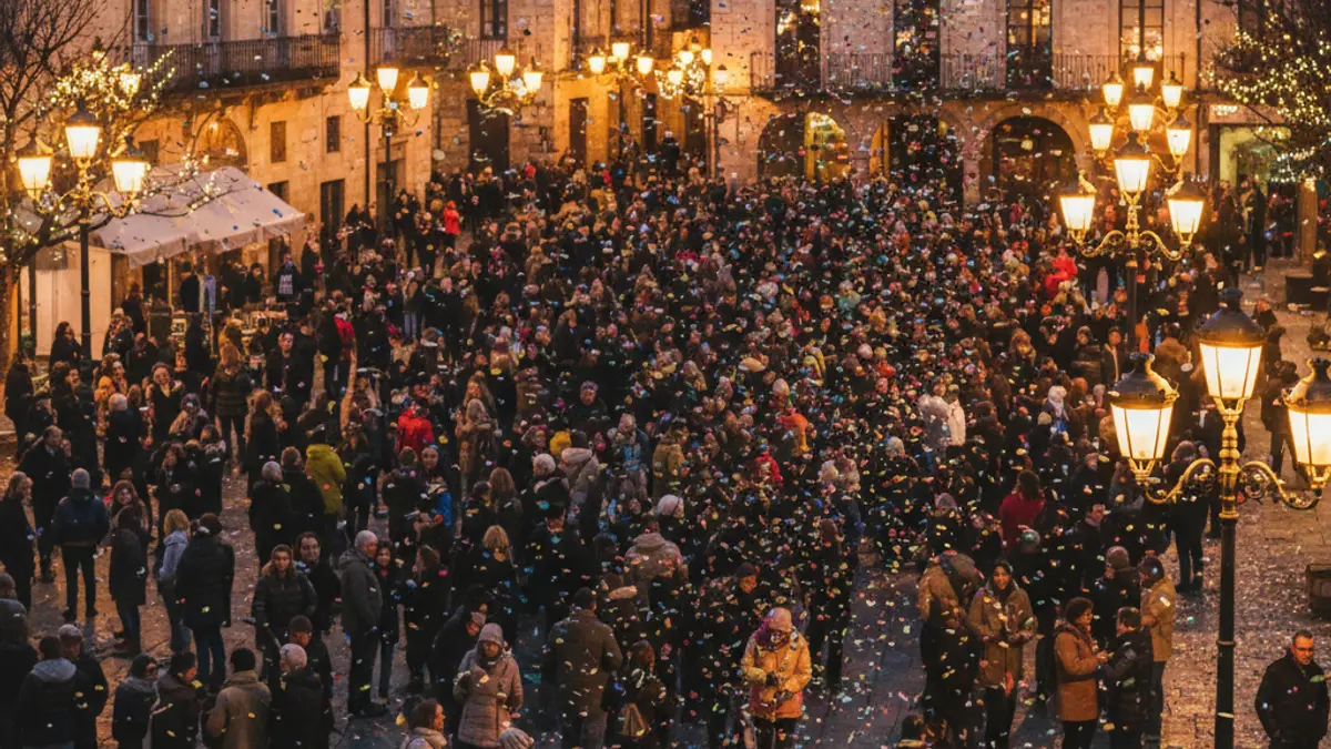 Generic image of a street festival with crowds and confetti.