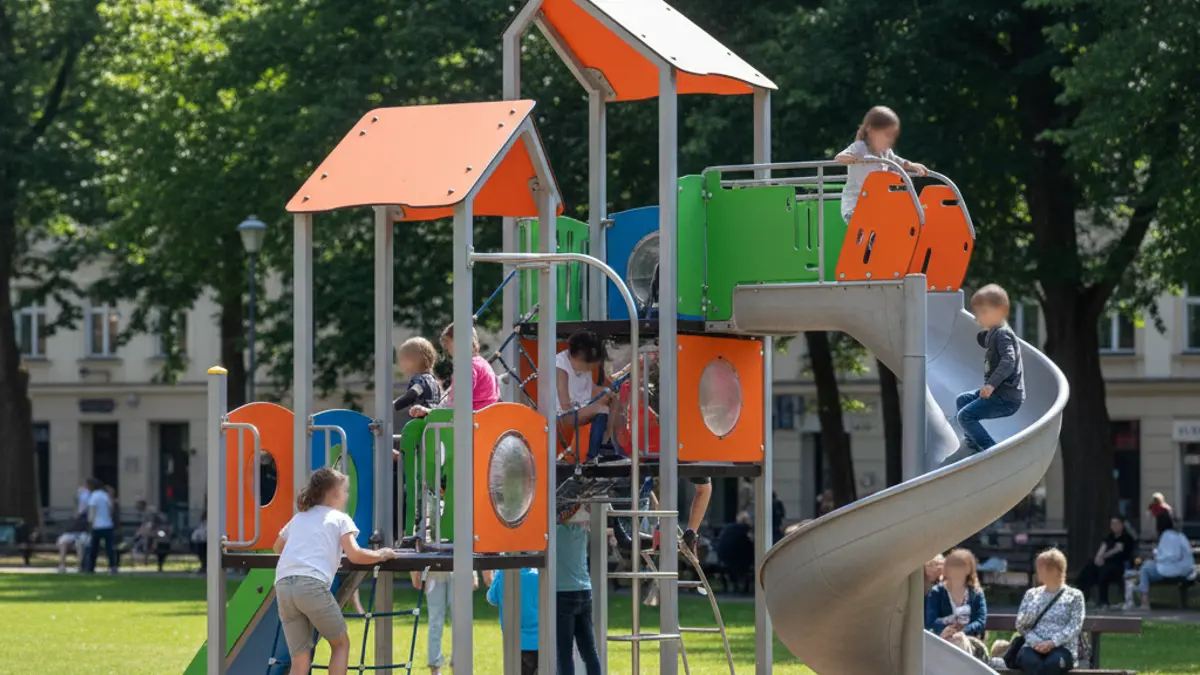 Image of a modern playground with a tall slide structure.