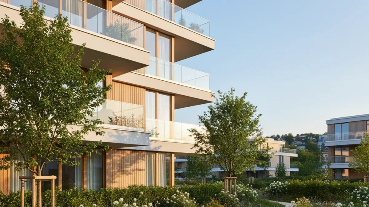 Generic image of a modern residential building with balconies and green areas.