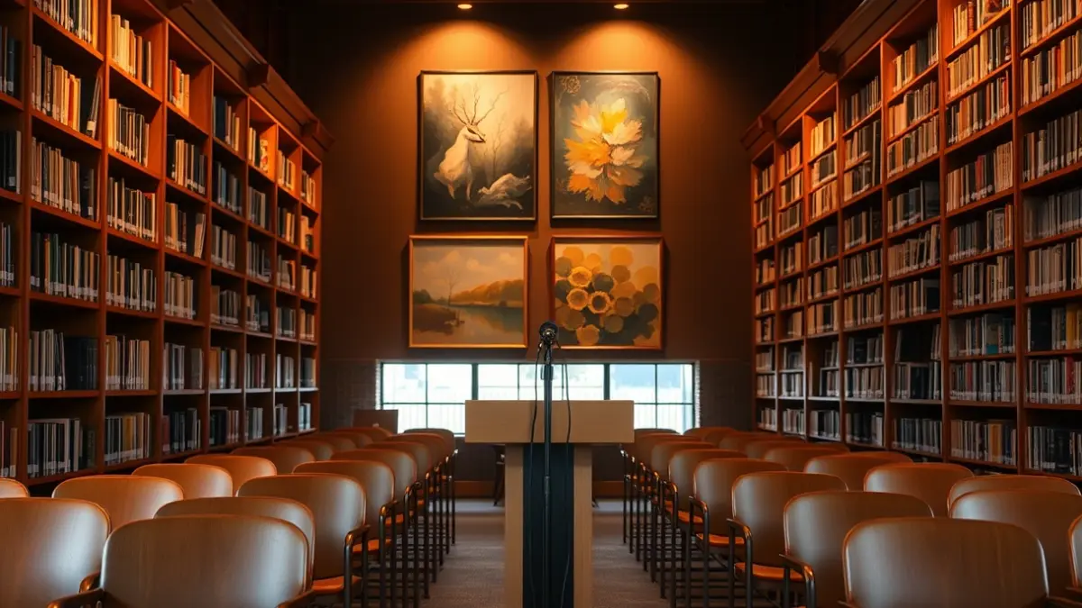Imagen de una sala de exposiciones con libros de artista y pinturas al óleo.