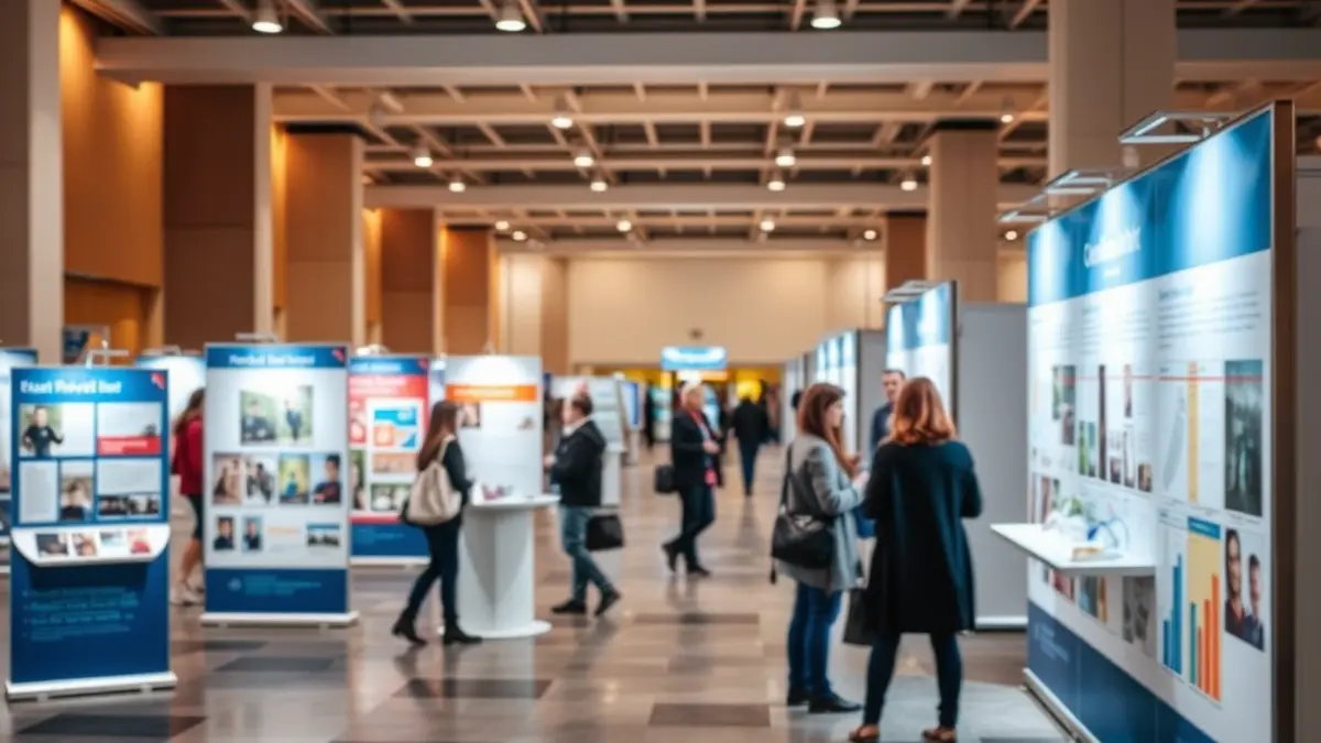 Generic image of a vocational training fair with informational stands and visitors.
