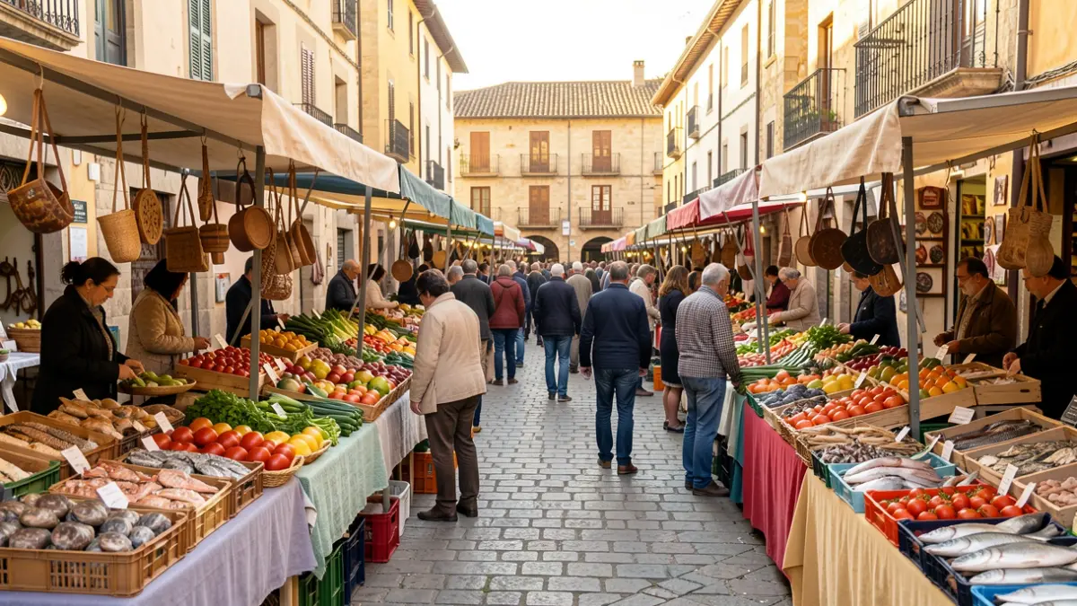 Generic image of an outdoor market in a Spanish square with stalls of fresh produce and crafts.