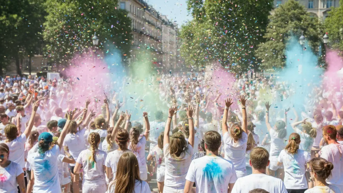 Generic image of a color run with participants covered in colored powders.