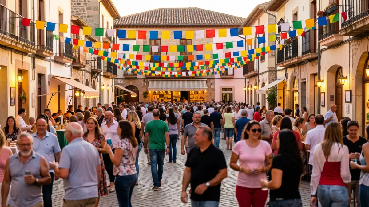 Imagen genérica de una plaza de pueblo español celebrando una fiesta local con gente y arquitectura tradicional.