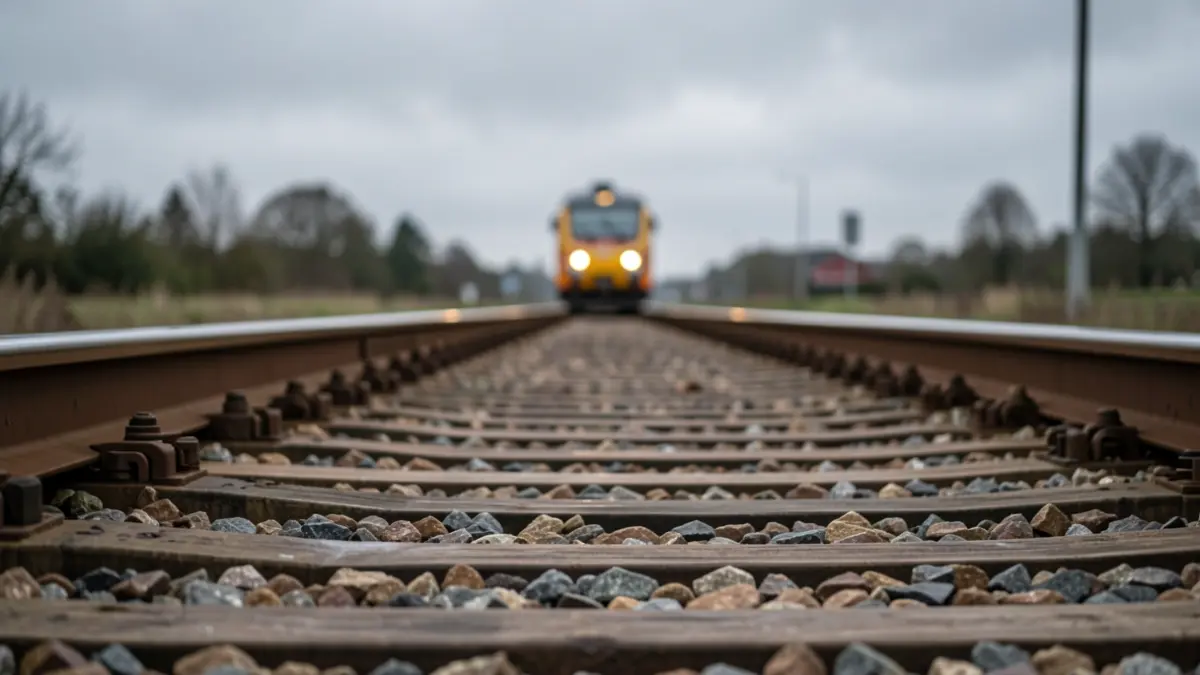 Imagen genérica de vías de tren con un tren acercándose en la distancia bajo un cielo nublado, simbolizando retrasos.