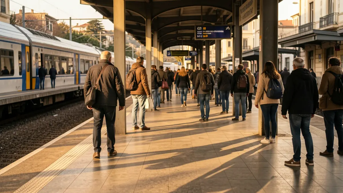 Imagen de una estación de tren en Colmenar Viejo con viajeros esperando.