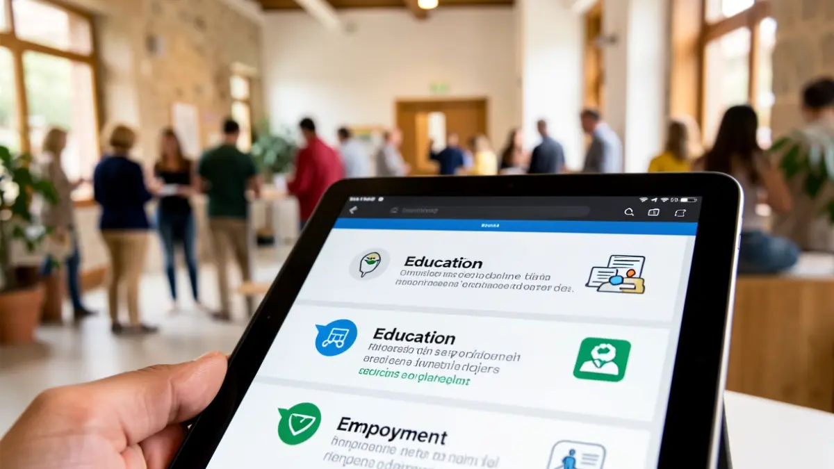 Tablet screen displaying an accessible digital guide for people with intellectual disabilities in Colmenar Viejo.