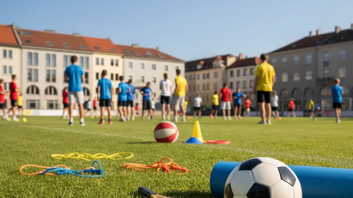 Generic image of a sports field with various equipment under the summer sun.