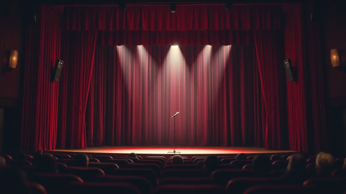 Imagen genérica de un escenario de teatro con cortinas rojas y un micrófono.