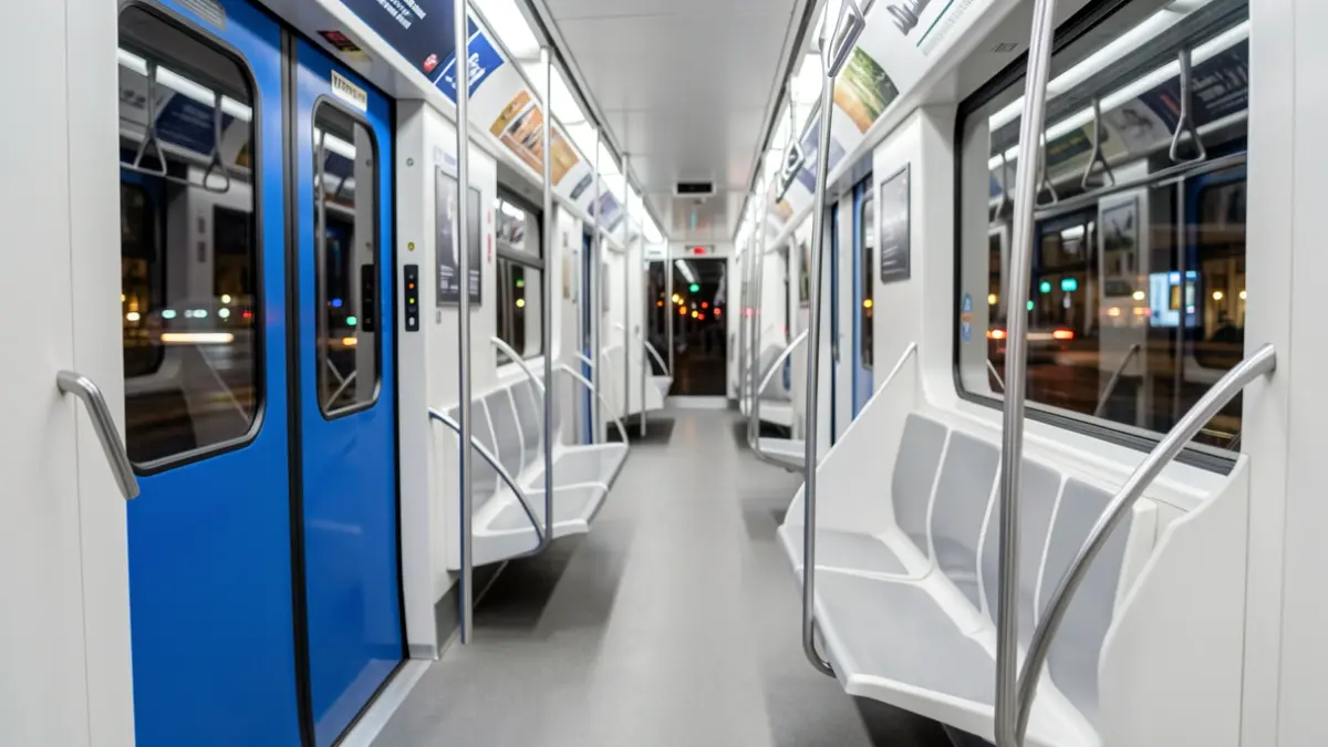 Interior of a modern, empty subway car with blurred night lights.