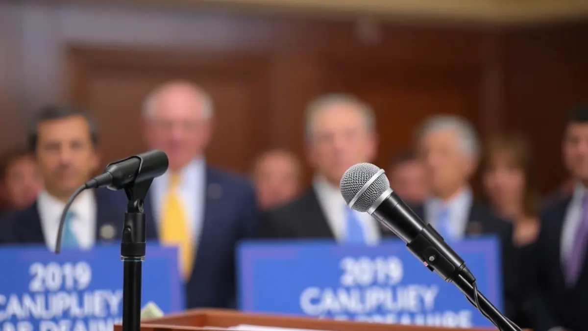 Generic image of a microphone on a podium during a press conference.