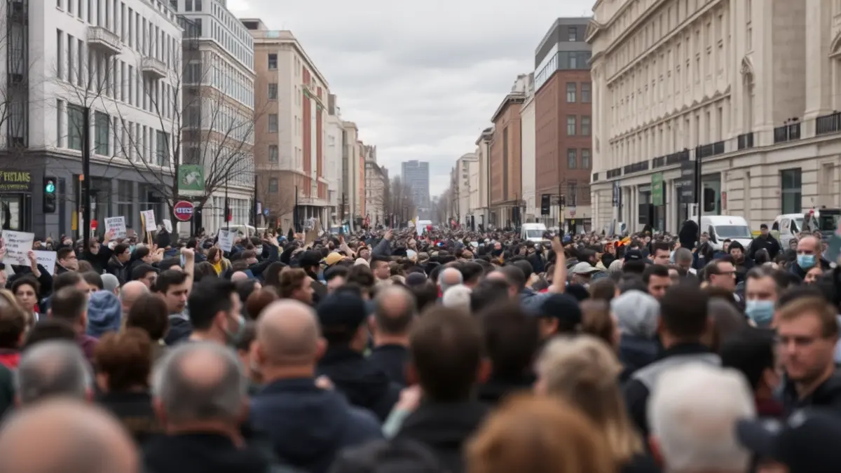 Imagen de una concentración de personas en una calle de Madrid, con presencia policial de fondo.