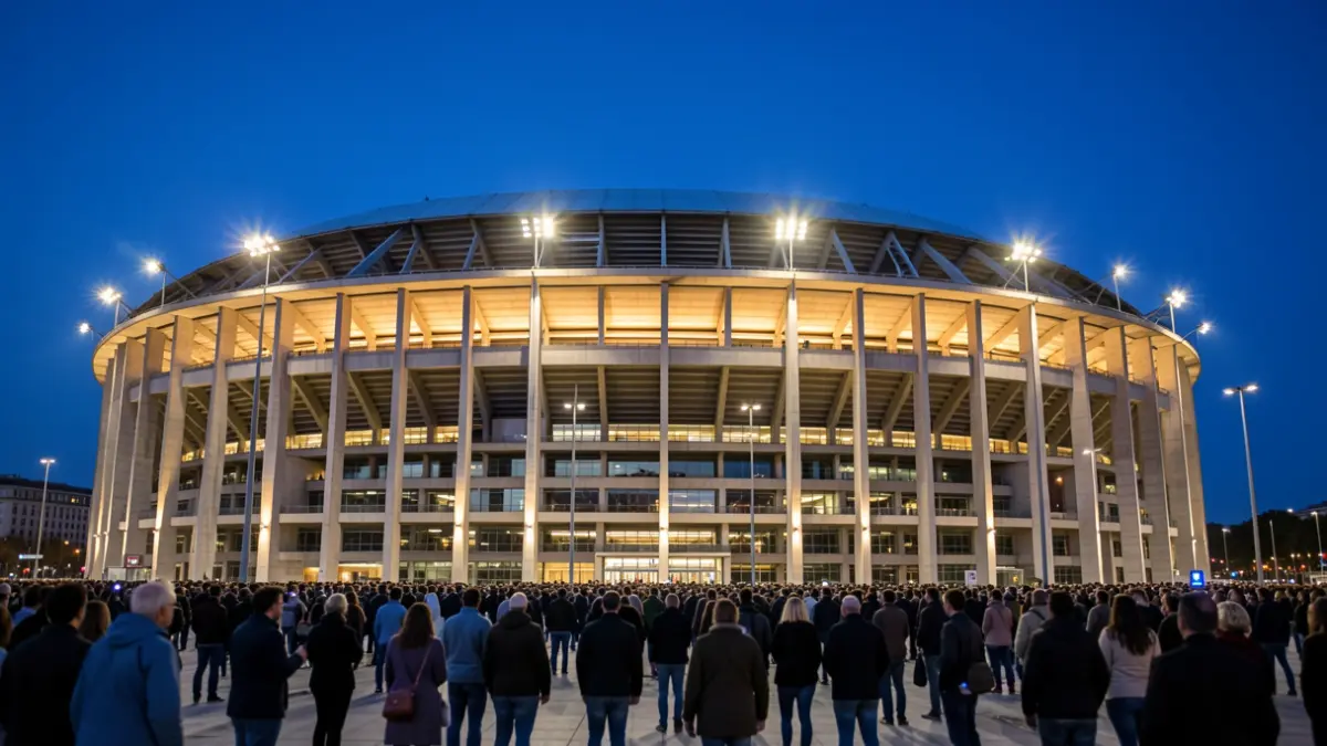 Facade of the Santiago Bernabéu stadium at dusk.