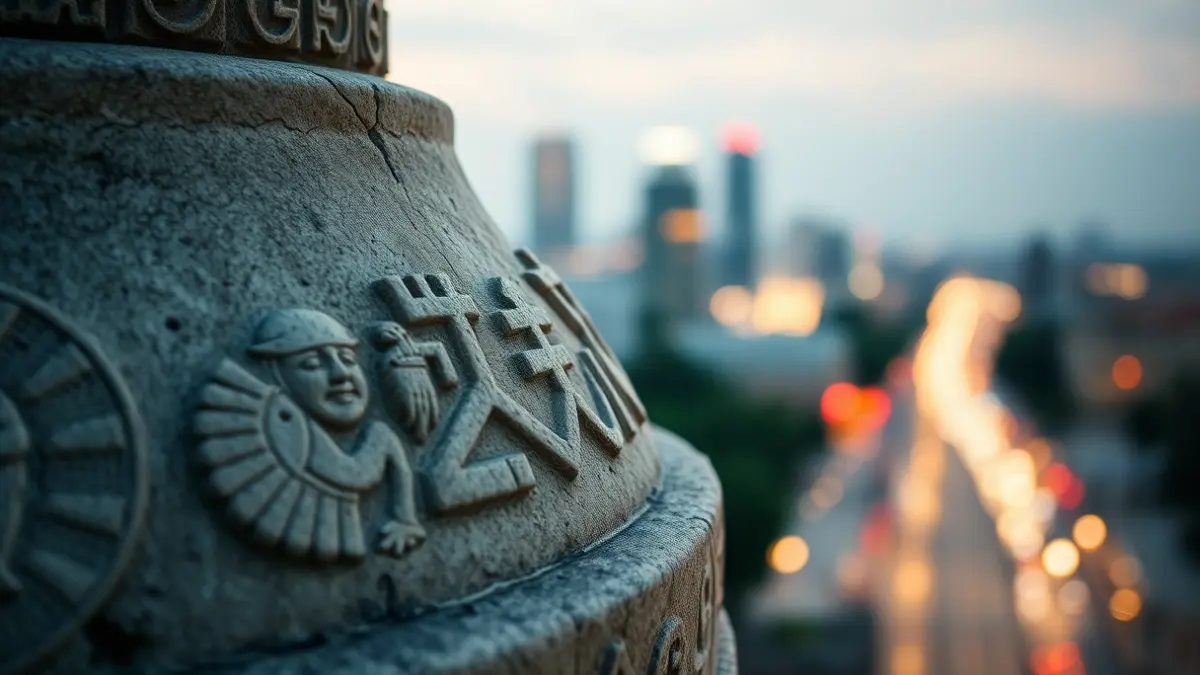 Detail image of the stones of the Temple of Debod with urban lights in the background.