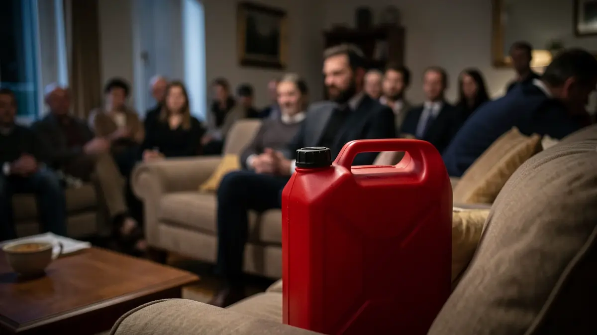 Red gasoline can on a sofa.