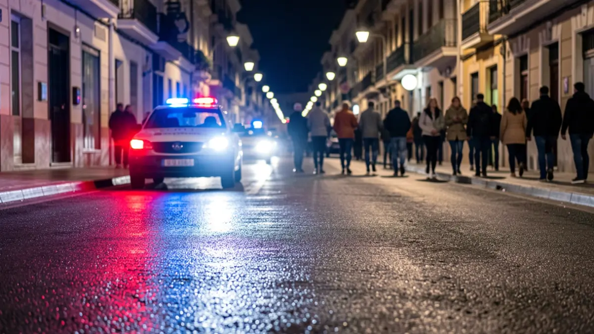 Imagen genérica de luces de emergencia policiales reflejándose en el asfalto mojado por la noche.