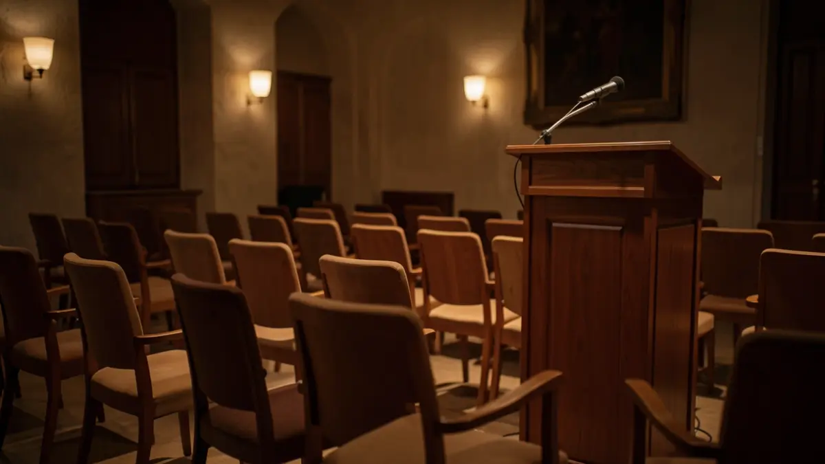 Imagen genérica de una sala de conferencias vacía con un atril y micrófonos.
