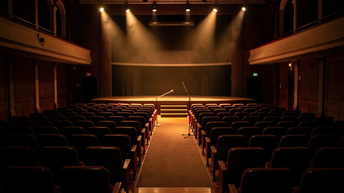 Imagen genérica de un auditorio vacío con un atril y un micrófono.