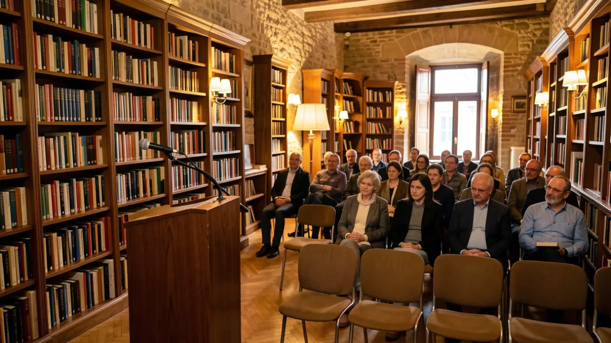 Imagen genérica de una biblioteca con un atril y sillas.