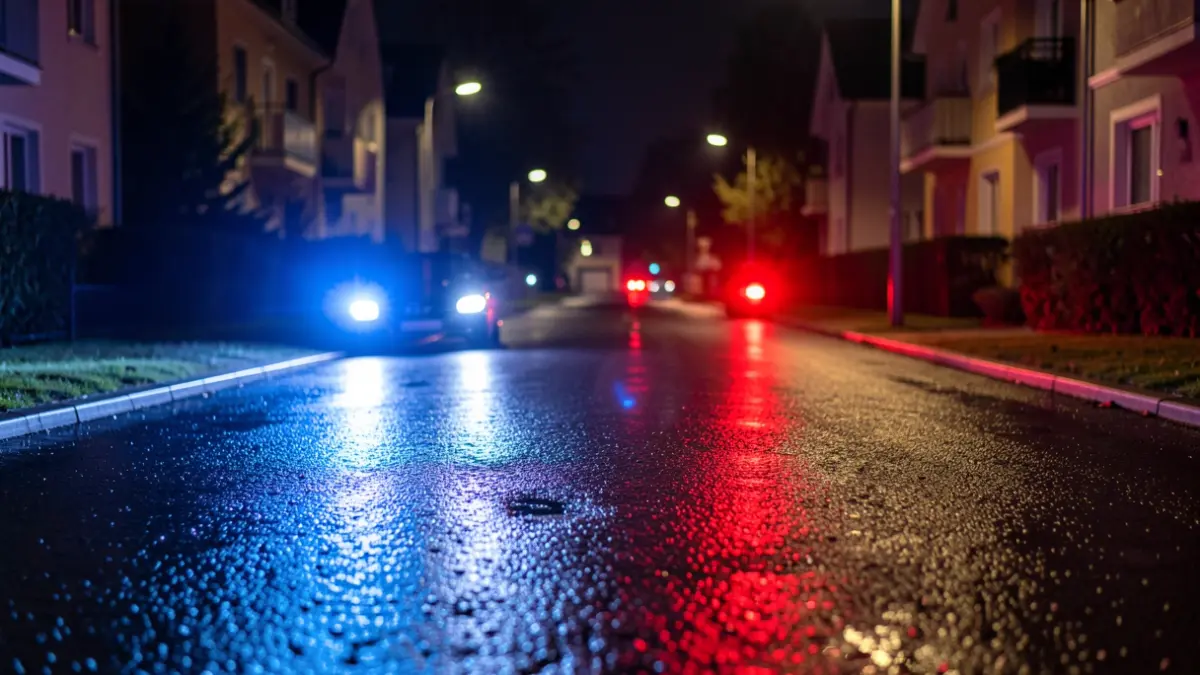 Generic image of emergency lights reflecting on wet asphalt at night.