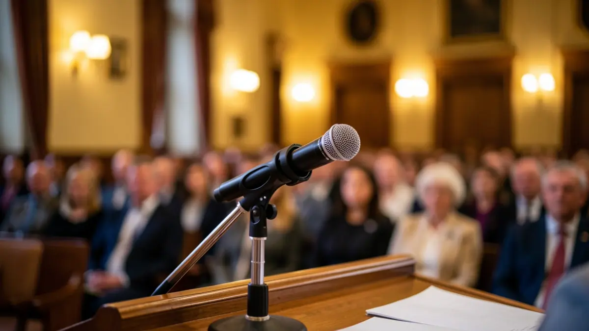 Generic image of a podium with a microphone in an institutional setting.