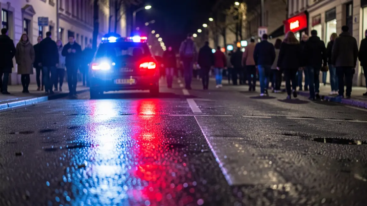 Imagen genérica de luces de emergencia policiales reflejándose en el asfalto mojado por la noche.