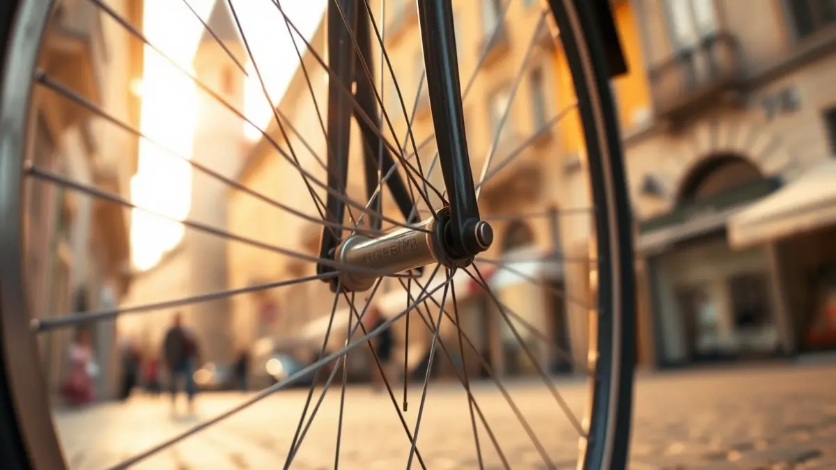 Generic image of a bicycle wheel in an urban setting, symbolizing travel.