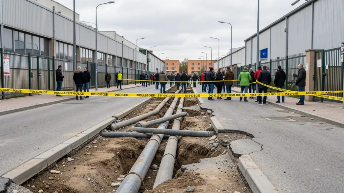 Image of construction work on a street in Polígono Urtinsa, Alcorcón, with police tape.