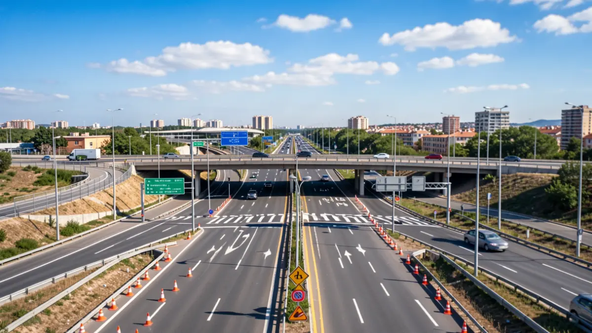 Aerial view of a closure on the M-21 highway exit towards Avenida de Arcentales in Madrid due to maintenance work.
