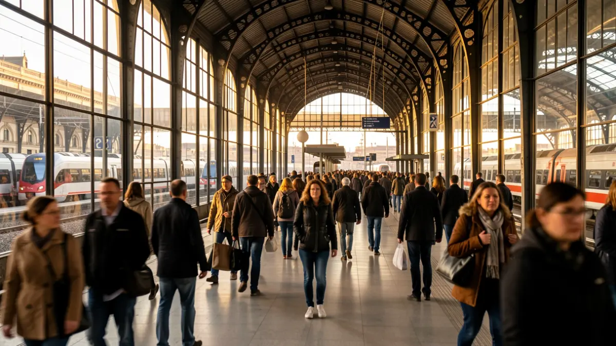 Generic image of Atocha station in Madrid with travelers and tracks.