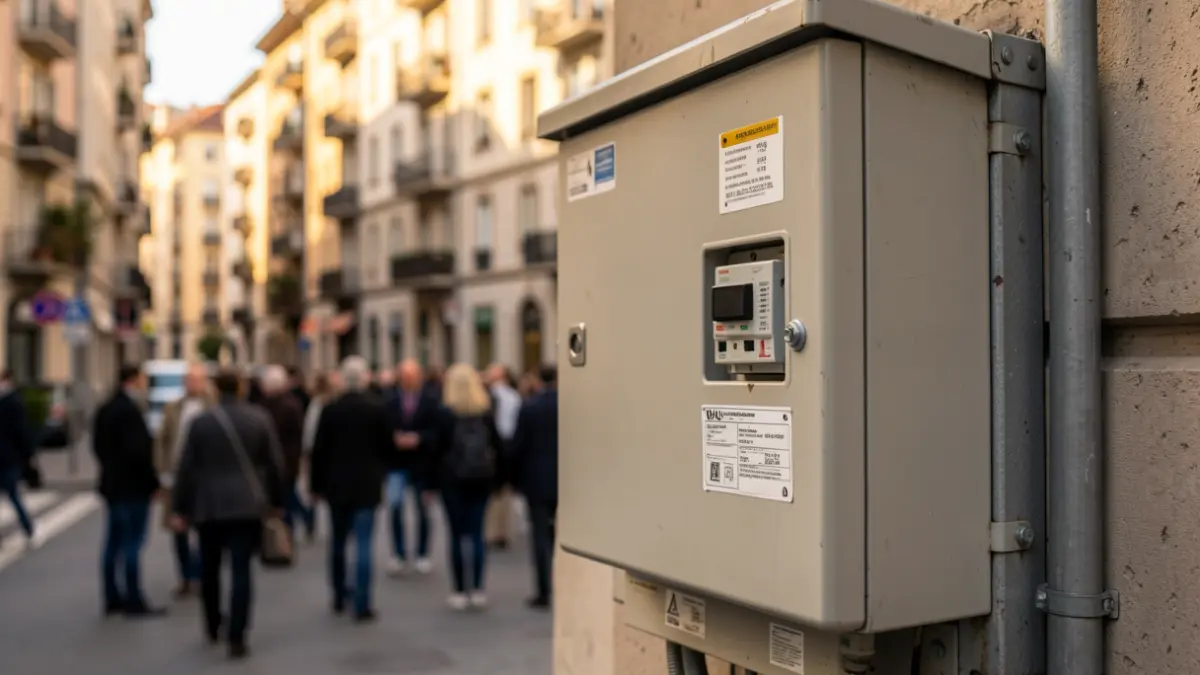 Generic image of an electrical transformer box in an urban setting.