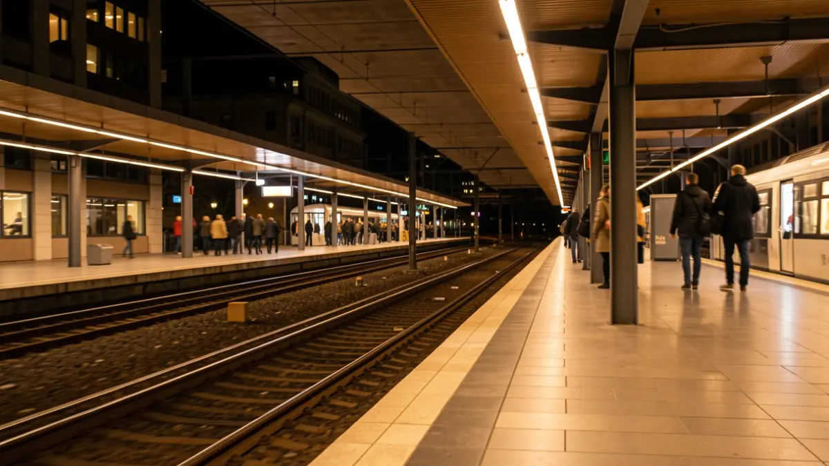 Imagen genérica de una estación de tren con andenes vacíos y luces cálidas.