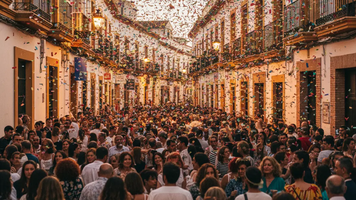 Generic image of a street festival with crowds and confetti.
