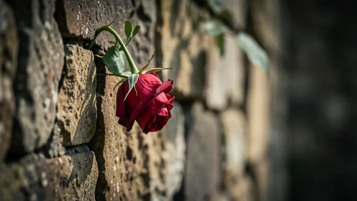 Image of a cracked stone wall with a wilting red rose.