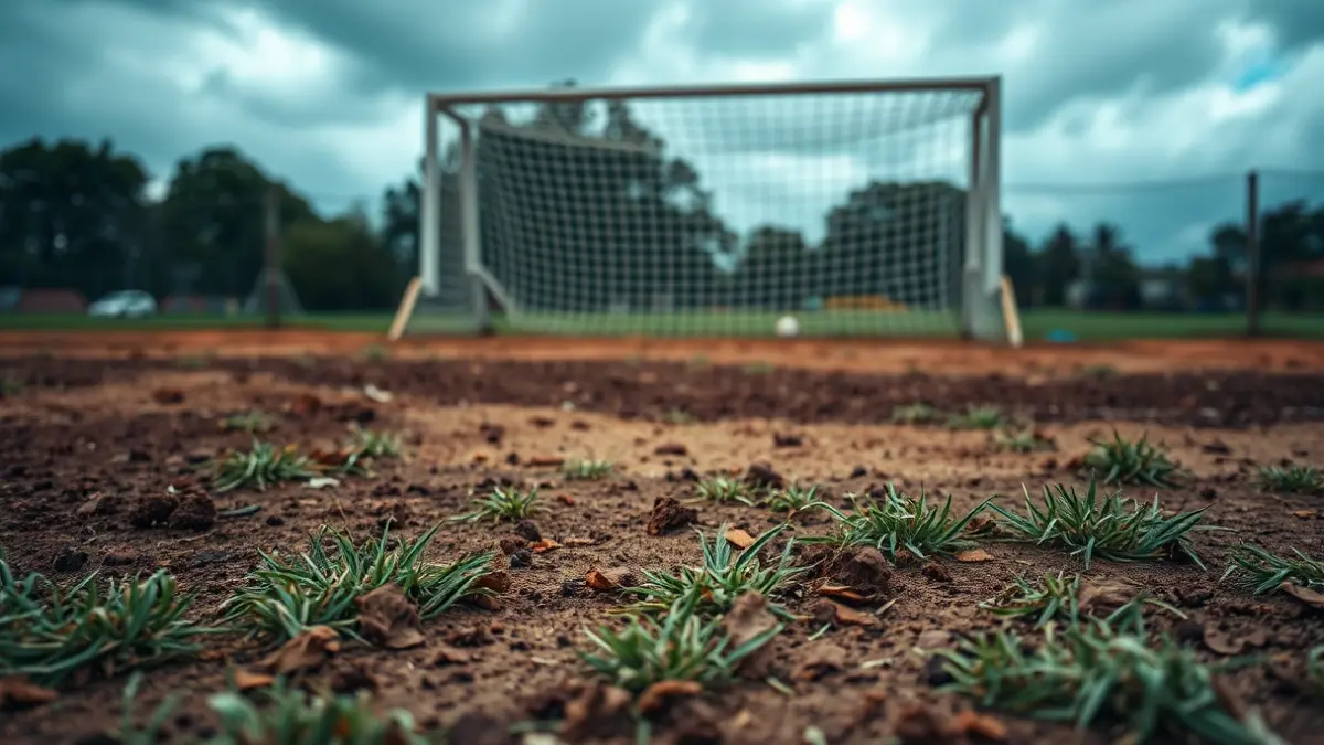 Imagen de un campo de fútbol deteriorado, simbolizando el mal estado de las instalaciones deportivas.