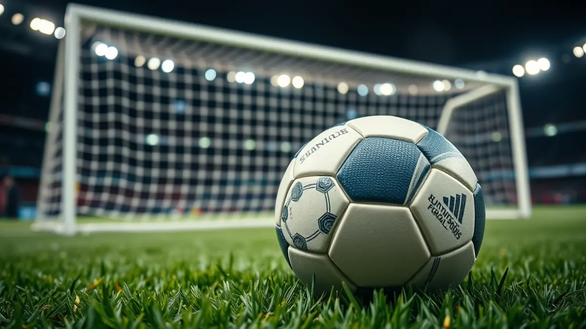 Generic image of a soccer ball on a field, with a blurred goal in the background.