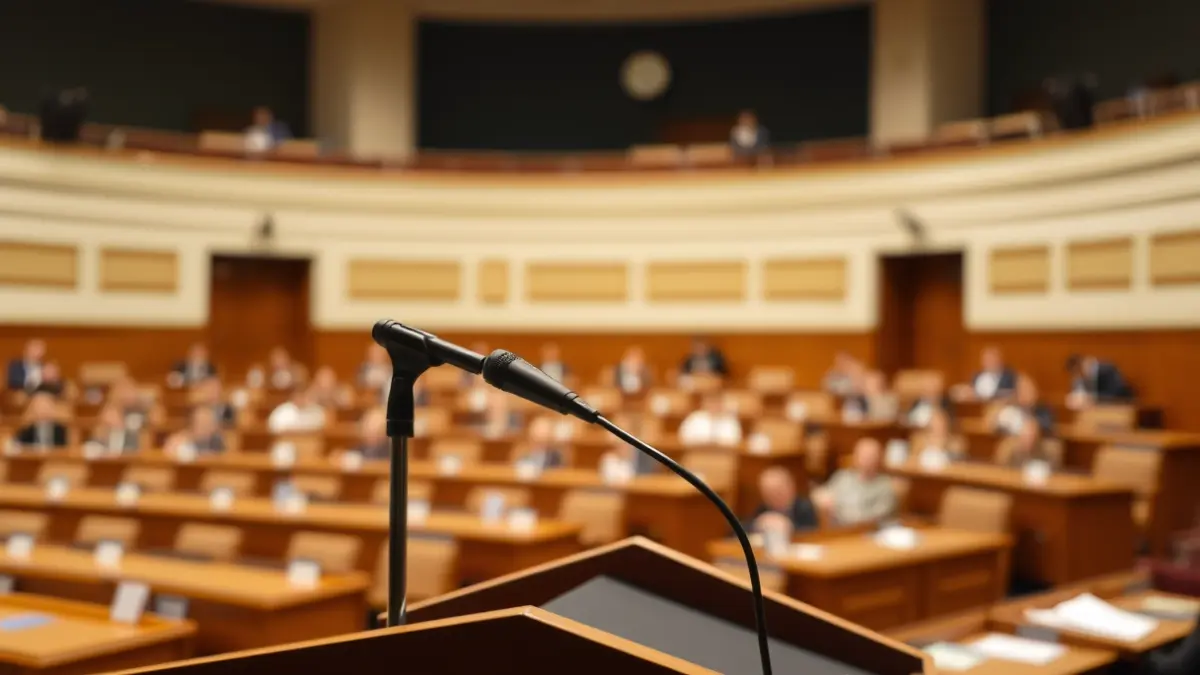 Generic image of a microphone on a podium in an assembly hall.