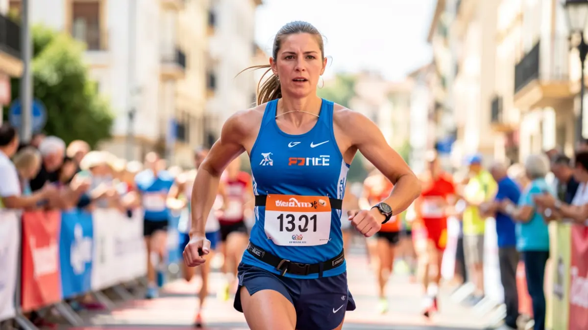 Generic image of a female triathlete crossing the finish line at a sports event.