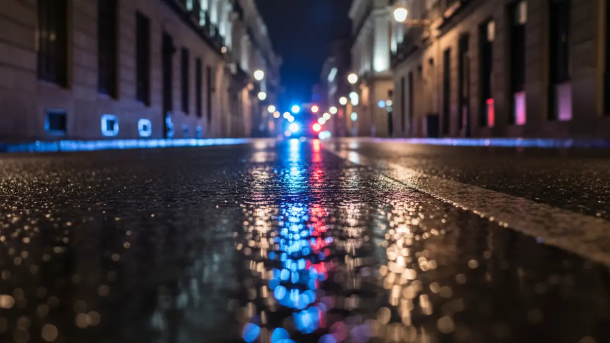 Imagen genérica de luces de emergencia reflejadas en el asfalto mojado