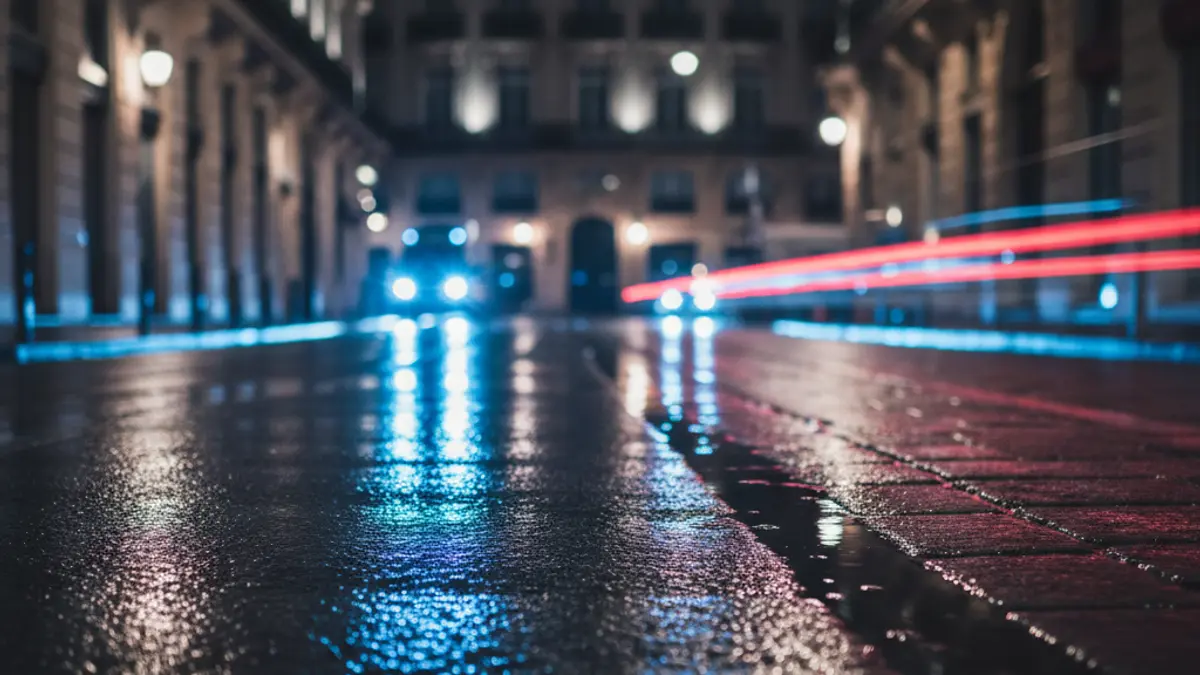 Generic image of emergency lights on wet asphalt on a Madrid road.