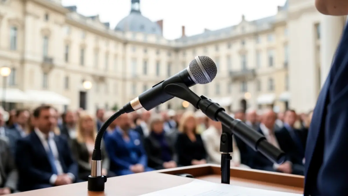 Generic image of a microphone on a podium during a press conference.