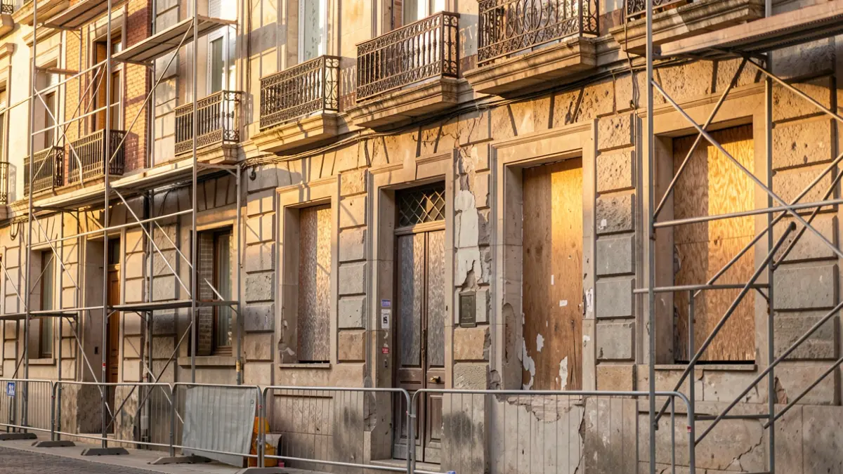 Fachada de un edificio antiguo en Lavapiés, Madrid, con signos de deterioro y obras.