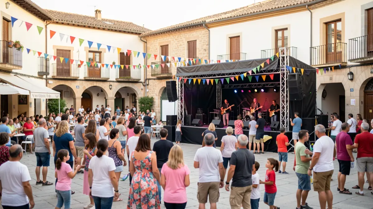 Generic image of a festive community event in a Spanish square with families and a stage.