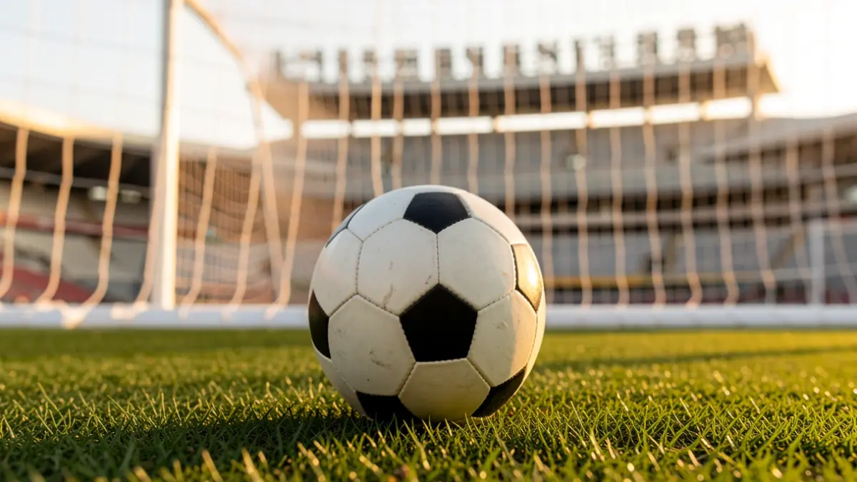 Generic image of a soccer ball on grass with the goal net out of focus.