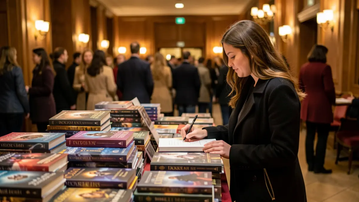 Image of a young female author signing copies of her fantasy novel in a theater.